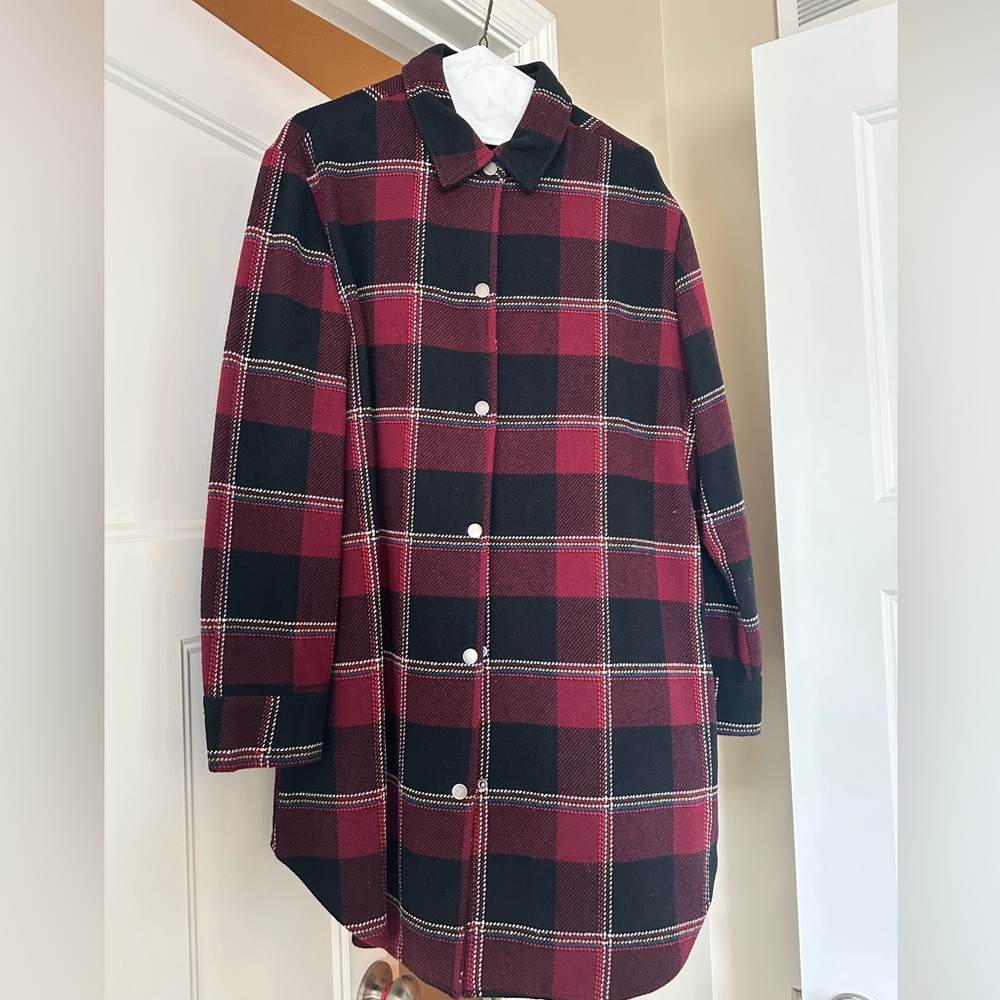 Plaid Button-Up Shacket- Red and Black